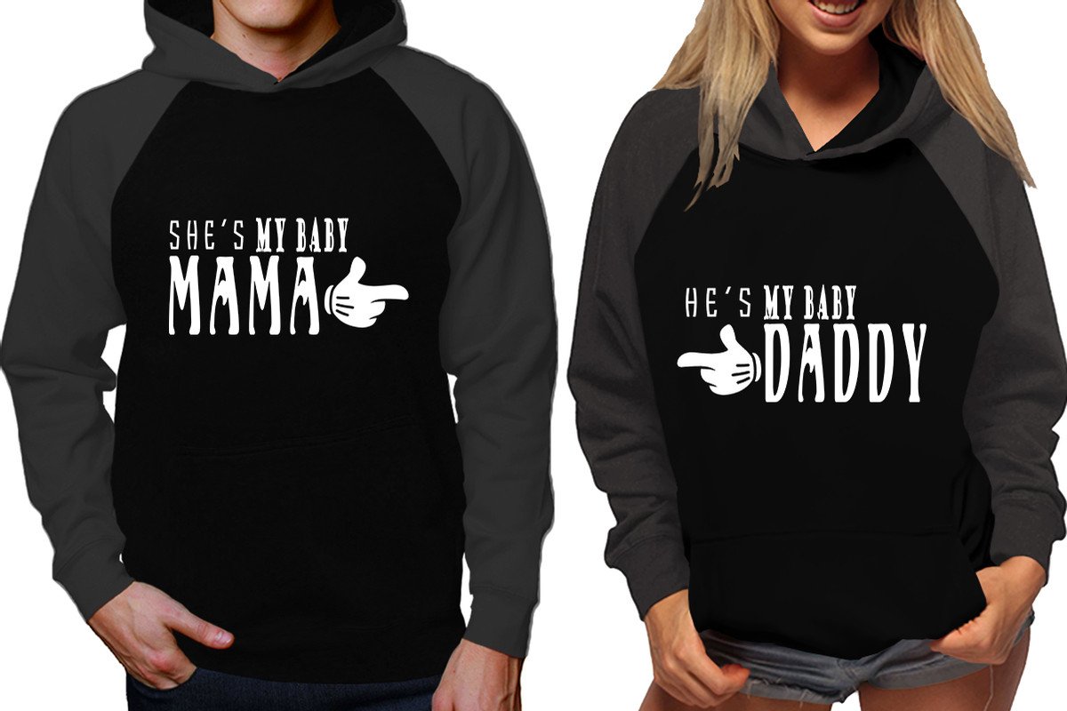 She's My Baby Mama and He's My Baby Daddy raglan hoodies, Matching couple hoodies, Charcoal Black his and hers man and woman contrast raglan hoodies