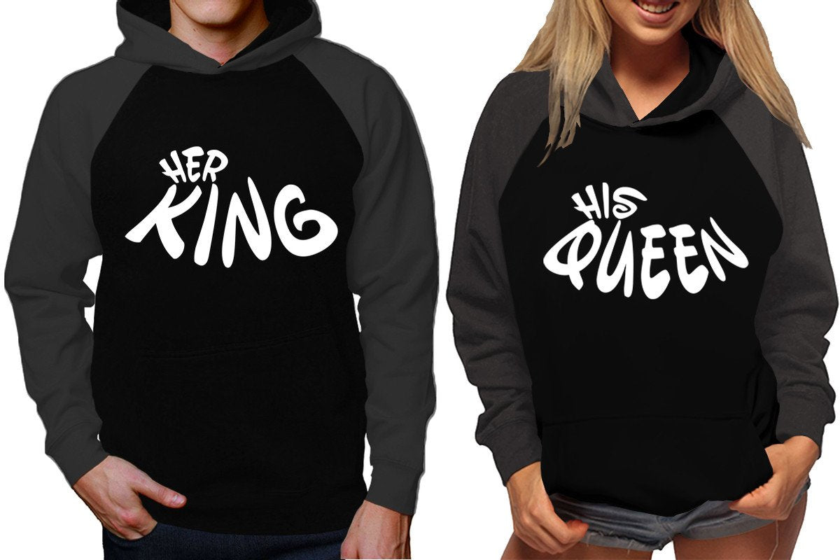 Her King and His Queen raglan hoodies, Matching couple hoodies, Charcoal Black King Queen design on man and woman hoodies