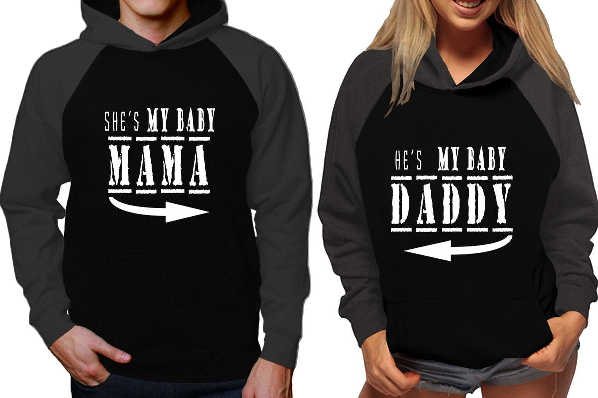 She's My Baby Mama and He's My Baby Daddy raglan hoodies, Matching couple hoodies, Charcoal Black his and hers man and woman contrast raglan hoodies