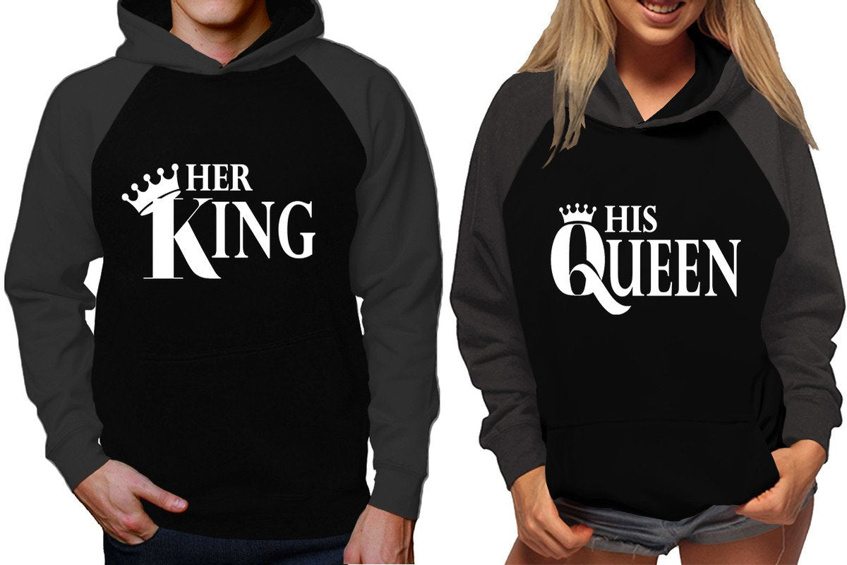 Her King and His Queen raglan hoodies, Matching couple hoodies, Charcoal Black King Queen design on man and woman hoodies