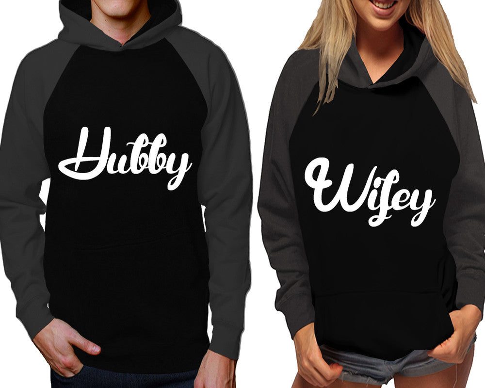 Hubby and Wifey raglan hoodies, Matching couple hoodies, Charcoal Black his and hers man and woman contrast raglan hoodies