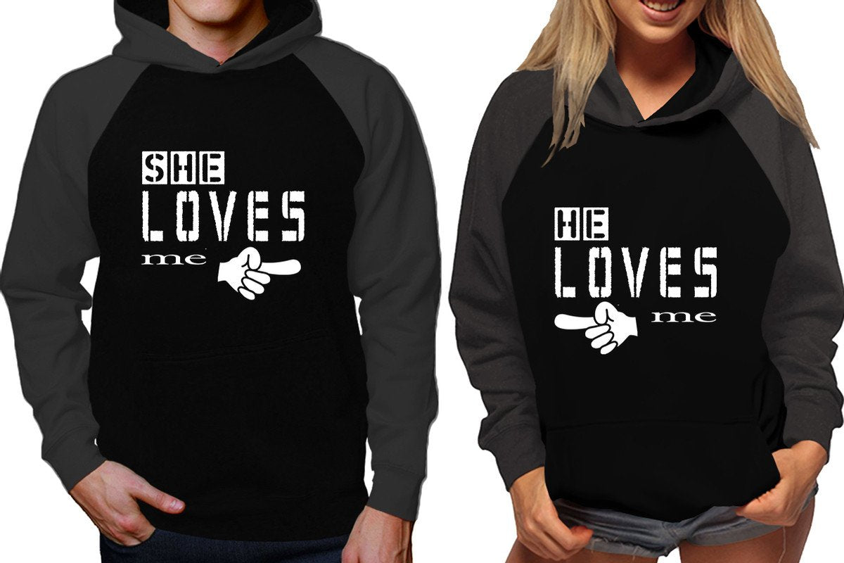 She Loves Me and He Loves Me raglan hoodies, Matching couple hoodies, Charcoal Black his and hers man and woman contrast raglan hoodies