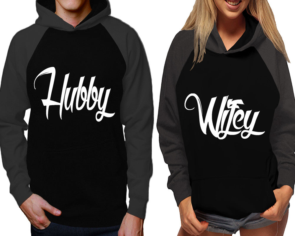 Hubby and Wifey raglan hoodies, Matching couple hoodies, Charcoal Black his and hers man and woman contrast raglan hoodies