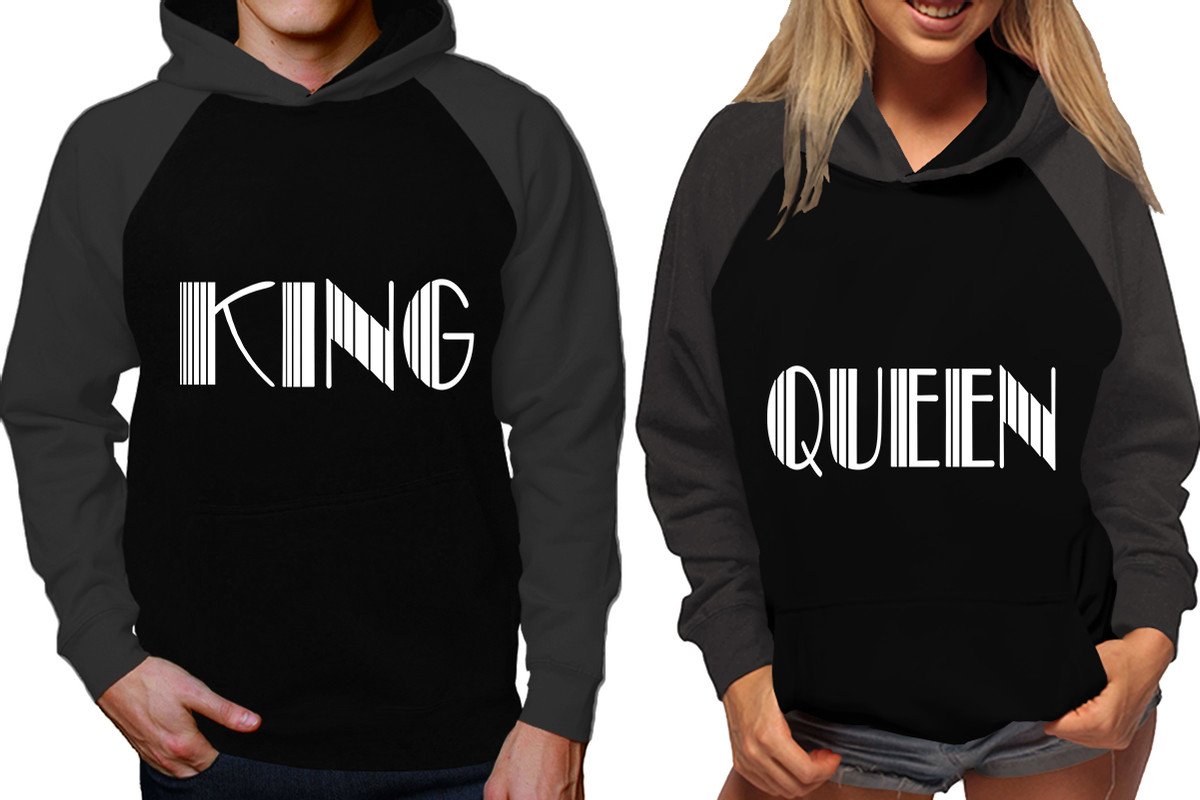 King and Queen raglan hoodies, Matching couple hoodies, Charcoal Black his and hers man and woman contrast raglan hoodies