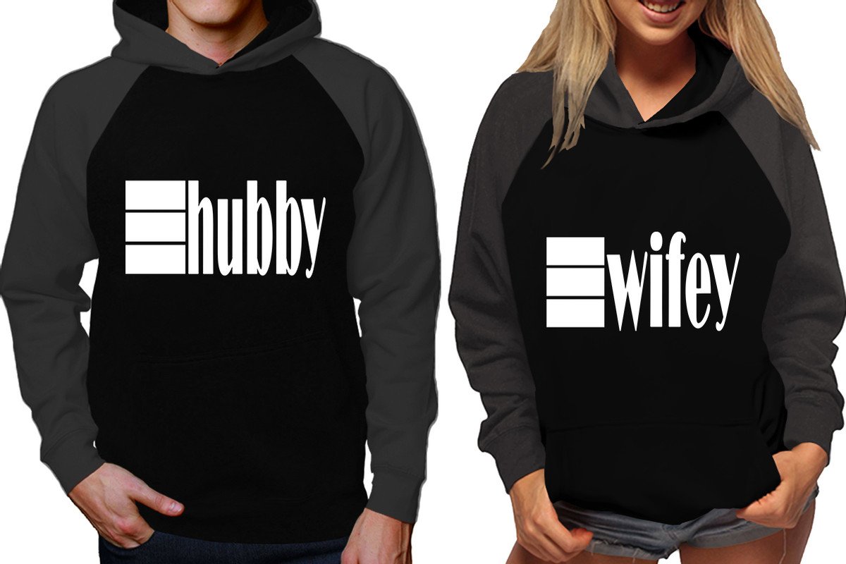 Hubby and Wifey raglan hoodies, Matching couple hoodies, Charcoal Black his and hers man and woman contrast raglan hoodies