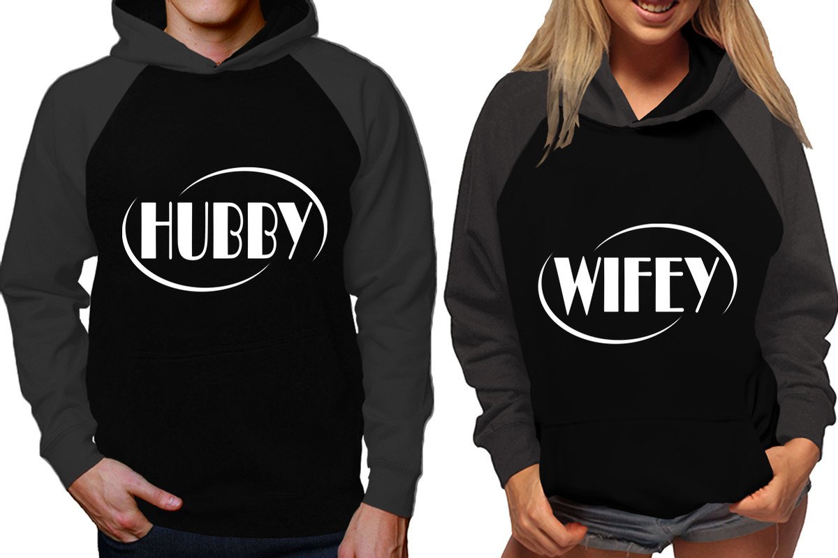 Hubby and Wifey raglan hoodies, Matching couple hoodies, Charcoal Black his and hers man and woman contrast raglan hoodies