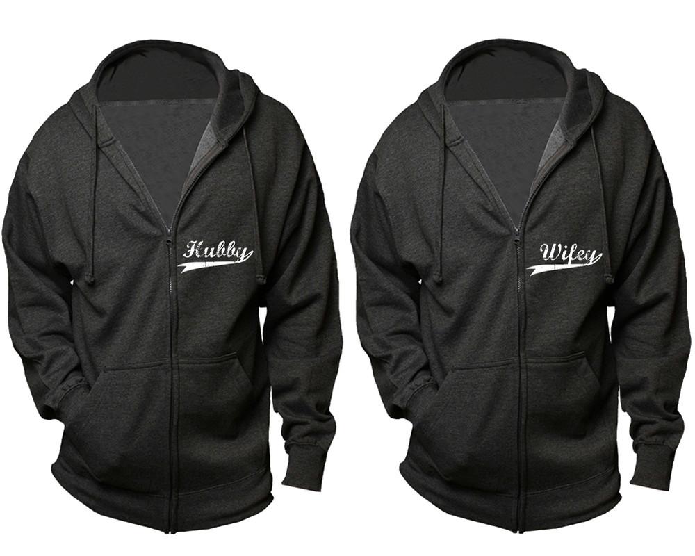 Hubby and Wifey zipper hoodies, Matching couple hoodies, Charcoal zip up hoodie for man, Charcoal zip up hoodie womens