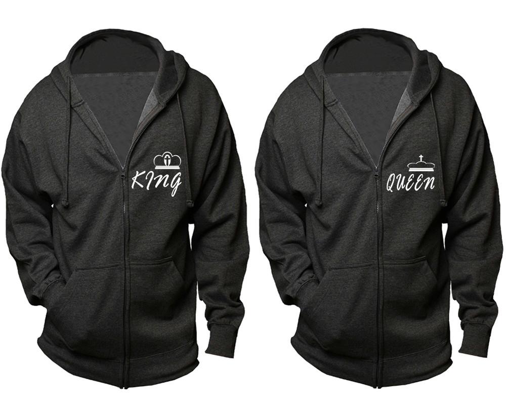 King and Queen zipper hoodies, Matching couple hoodies, Charcoal zip up hoodie for man, Charcoal zip up hoodie womens