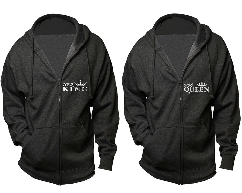 Her King and His Queen zipper hoodies, Matching couple hoodies, Charcoal zip up hoodie for man, Charcoal zip up hoodie womens