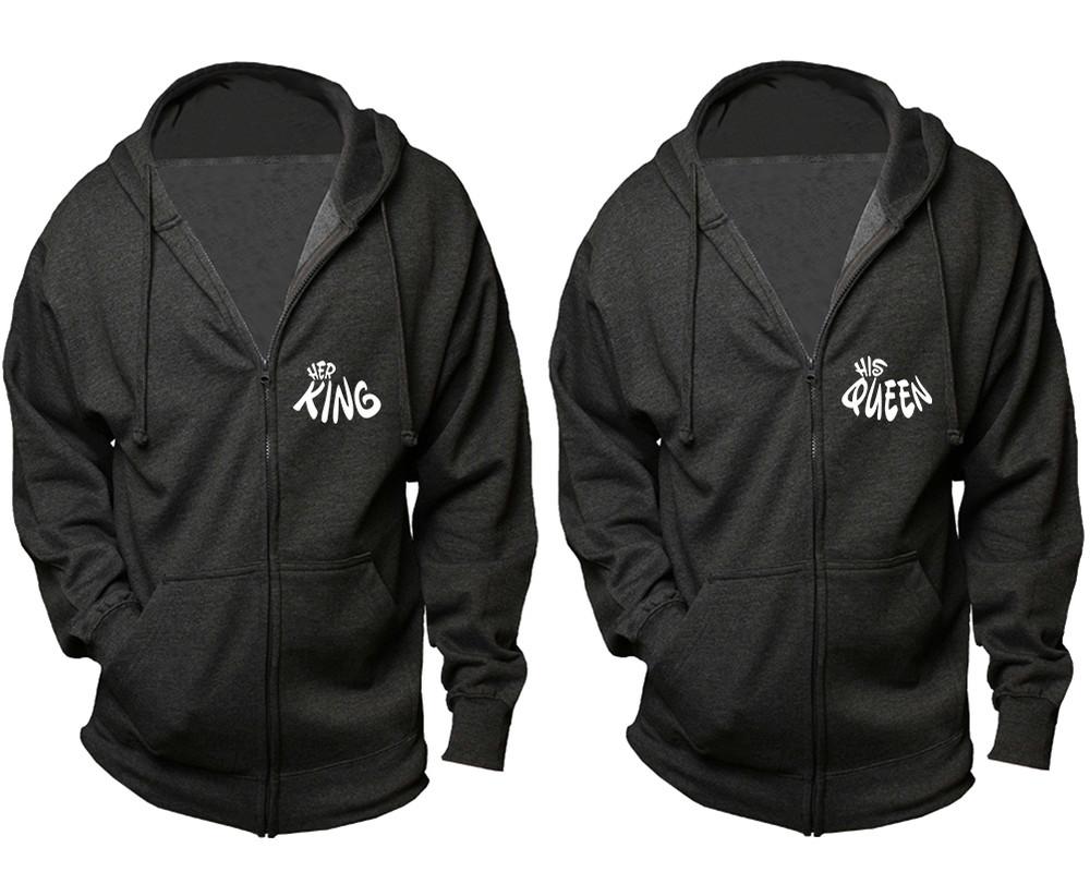 Her King and His Queen zipper hoodies, Matching couple hoodies, Charcoal zip up hoodie for man, Charcoal zip up hoodie womens