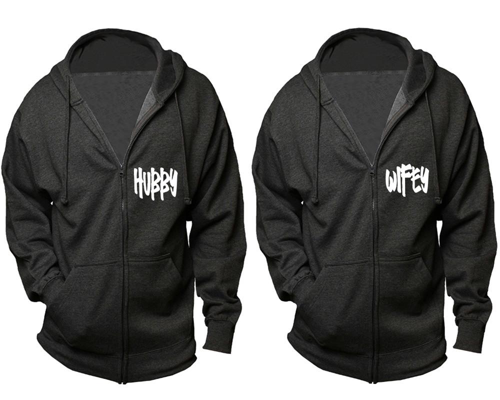 Hubby and Wifey zipper hoodies, Matching couple hoodies, Charcoal zip up hoodie for man, Charcoal zip up hoodie womens