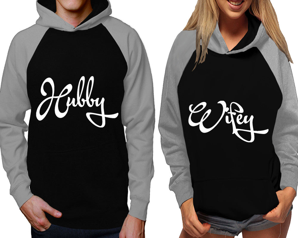 Hubby and Wifey raglan hoodies, Matching couple hoodies, Grey Black his and hers man and woman contrast raglan hoodies