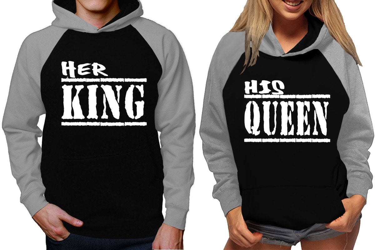 Her King and His Queen raglan hoodies, Matching couple hoodies, Grey Black King Queen design on man and woman hoodies