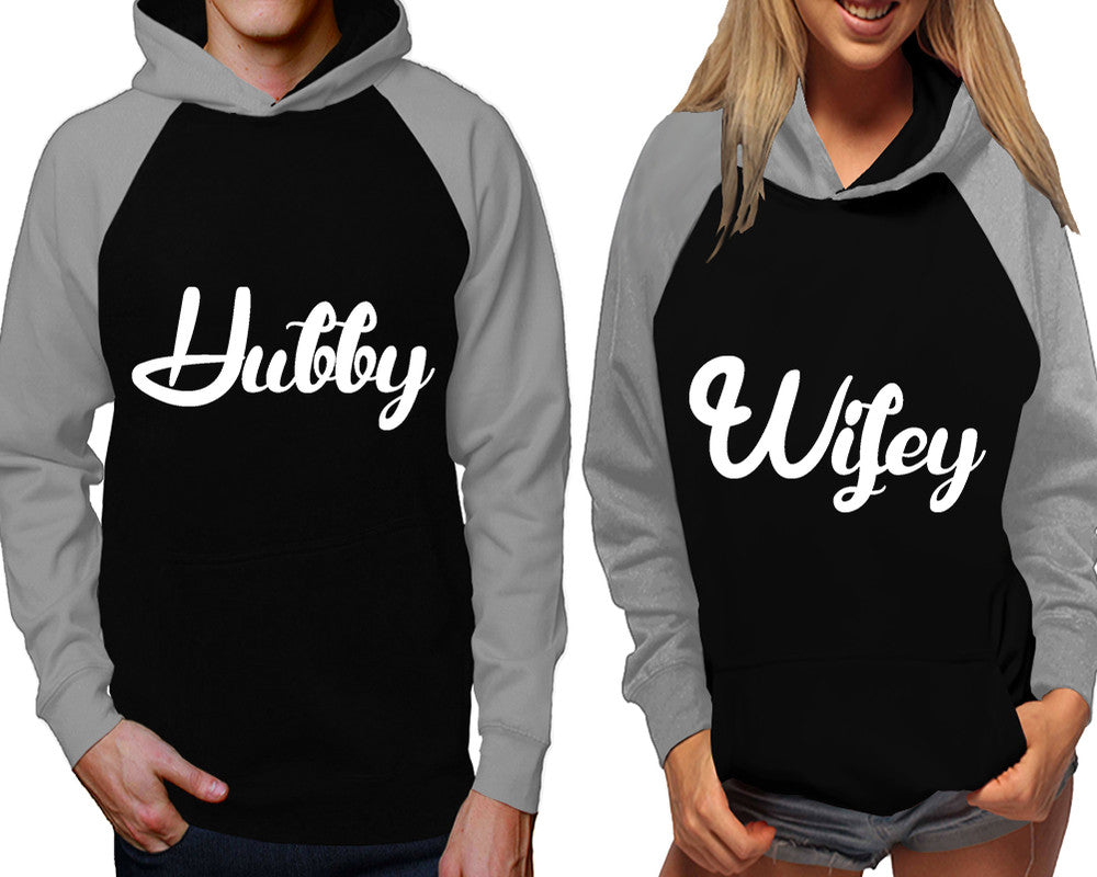 Hubby and Wifey raglan hoodies, Matching couple hoodies, Grey Black his and hers man and woman contrast raglan hoodies