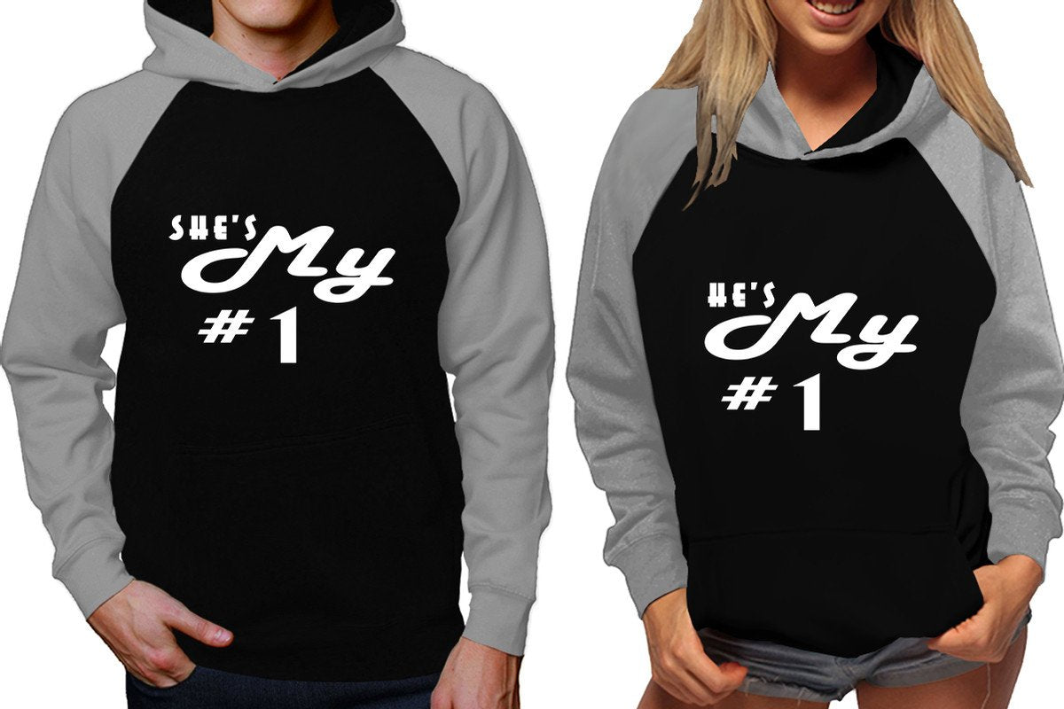 She's My Number 1 and He's My Number 1 raglan hoodies, Matching couple hoodies, Grey Black his and hers man and woman contrast raglan hoodies