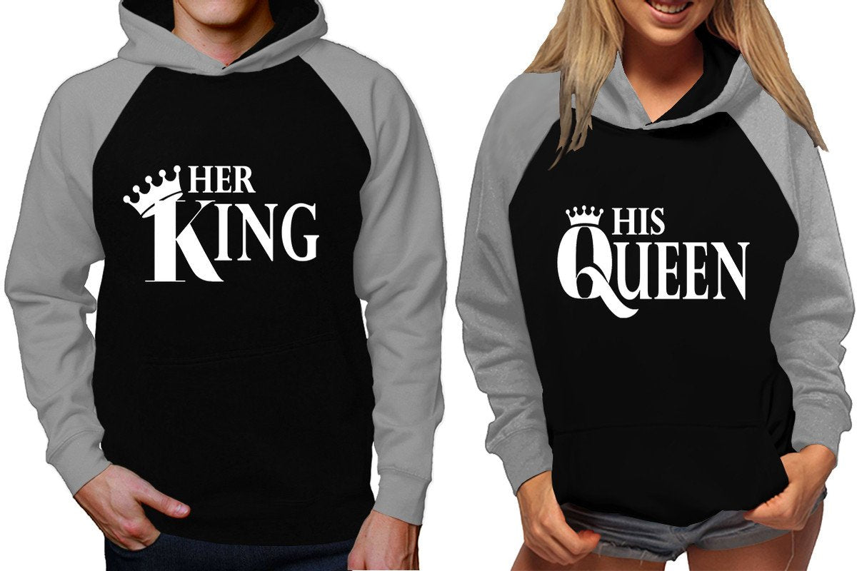 Her King and His Queen raglan hoodies, Matching couple hoodies, Grey Black King Queen design on man and woman hoodies