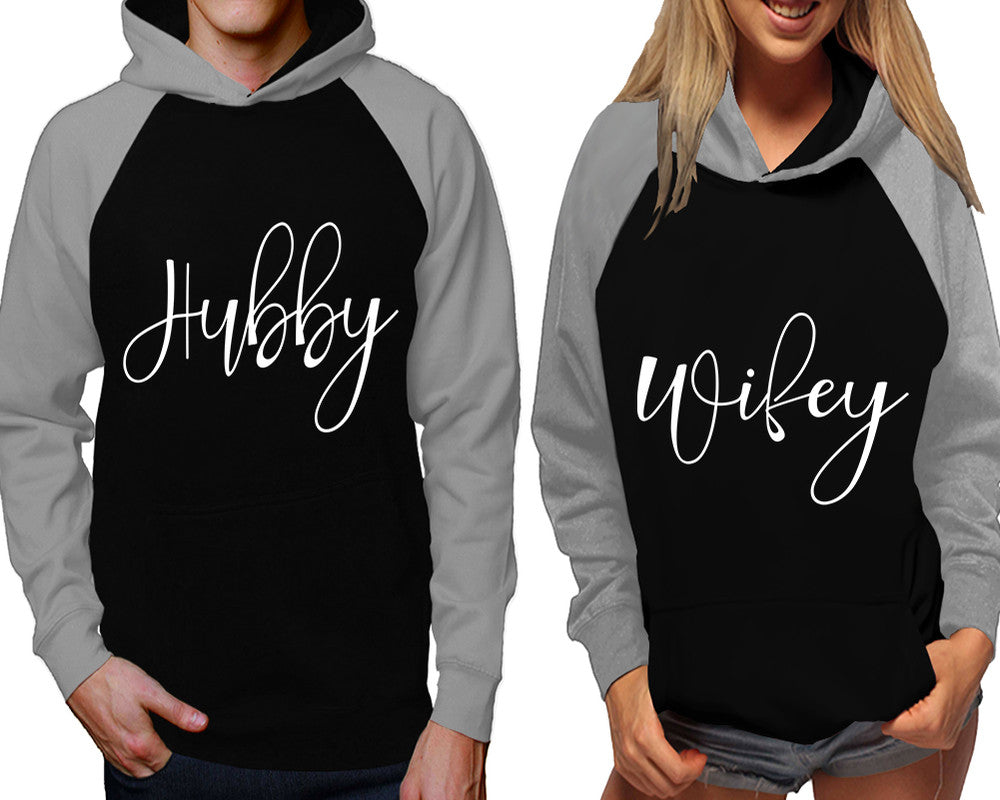 Hubby and Wifey raglan hoodies, Matching couple hoodies, Grey Black his and hers man and woman contrast raglan hoodies