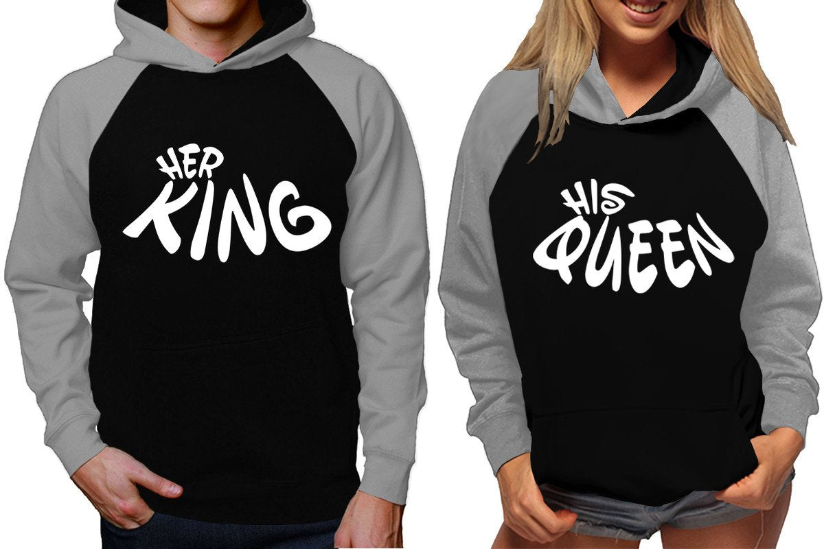 Her King and His Queen raglan hoodies, Matching couple hoodies, Grey Black King Queen design on man and woman hoodies