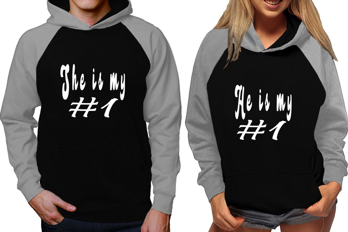 She's My Number 1 and He's My Number 1 raglan hoodies, Matching couple hoodies, Grey Black his and hers man and woman contrast raglan hoodies