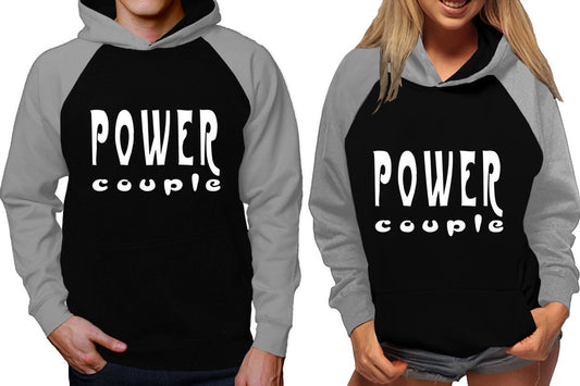 Power Couple raglan hoodies, Matching couple hoodies, Grey Black his and hers man and woman contrast raglan hoodies