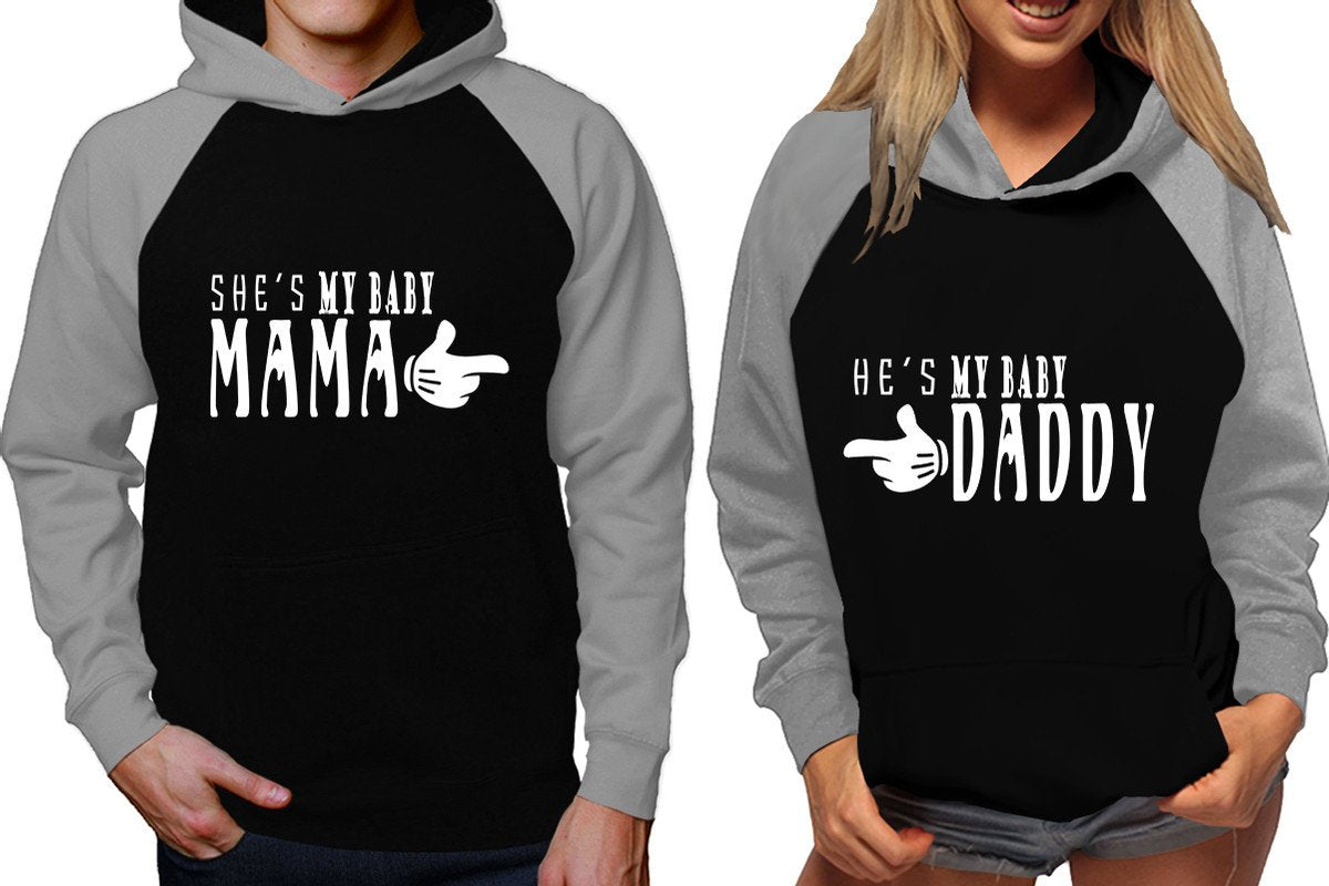 She's My Baby Mama and He's My Baby Daddy raglan hoodies, Matching couple hoodies, Grey Black his and hers man and woman contrast raglan hoodies