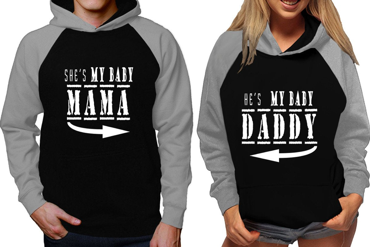 She's My Baby Mama and He's My Baby Daddy raglan hoodies, Matching couple hoodies, Grey Black his and hers man and woman contrast raglan hoodies