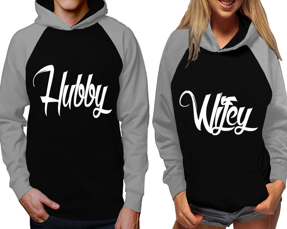 Hubby and Wifey raglan hoodies, Matching couple hoodies, Grey Black his and hers man and woman contrast raglan hoodies