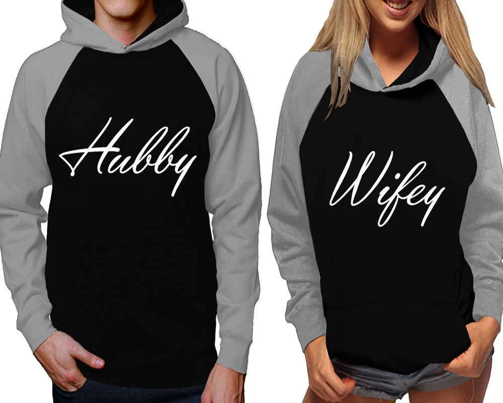 Hubby and Wifey raglan hoodies, Matching couple hoodies, Grey Black his and hers man and woman contrast raglan hoodies