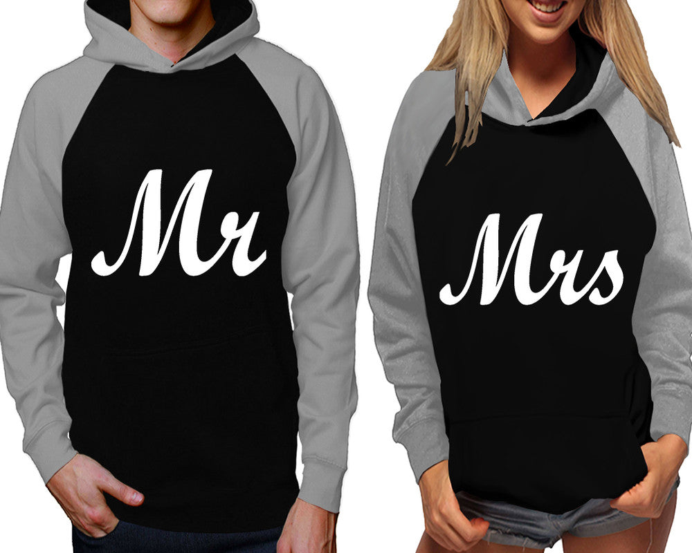 Mr and Mrs raglan hoodies, Matching couple hoodies, Grey Black his and hers man and woman contrast raglan hoodies