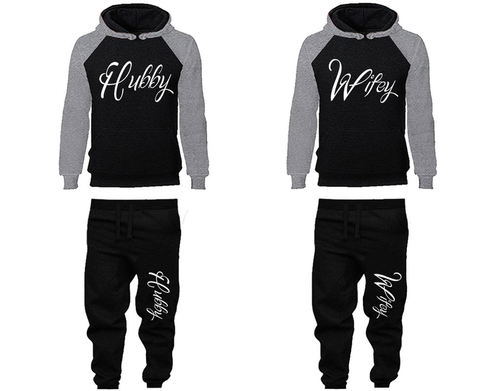 Hubby and Wifey matching top and bottom set, Grey Black raglan hoodie and sweatpants sets for mens, raglan hoodie and jogger set womens. Matching couple joggers.