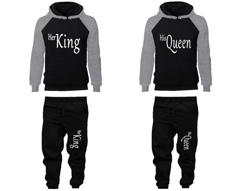 Her King and His Queen matching top and bottom set, Grey Black raglan hoodie and sweatpants sets for mens, raglan hoodie and jogger set womens. Matching couple joggers.