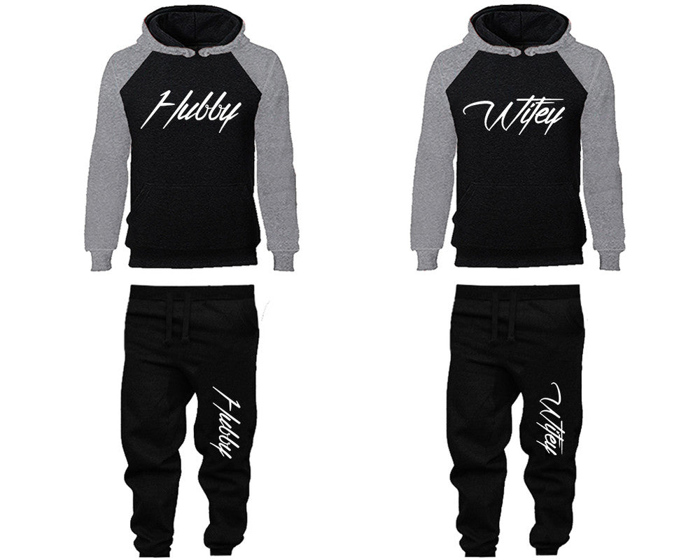 Hubby and Wifey matching top and bottom set, Grey Black raglan hoodie and sweatpants sets for mens, raglan hoodie and jogger set womens. Matching couple joggers.