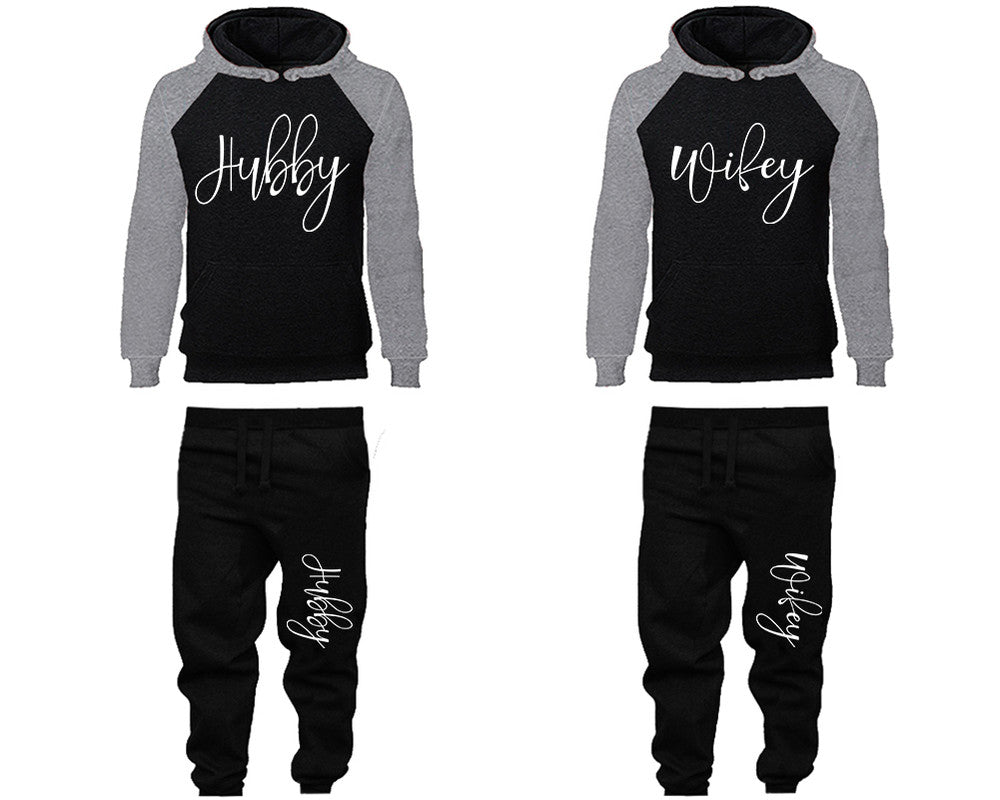 Hubby and Wifey matching top and bottom set, Grey Black raglan hoodie and sweatpants sets for mens, raglan hoodie and jogger set womens. Matching couple joggers.