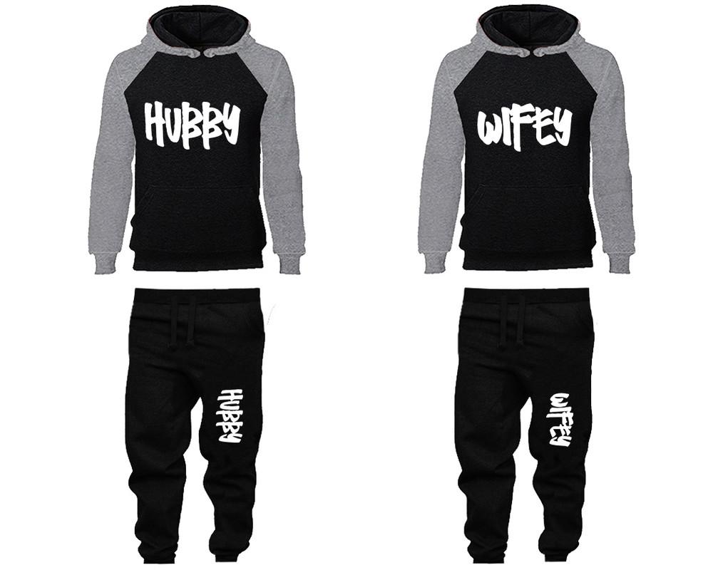 Hubby and Wifey matching top and bottom set, Grey Black raglan hoodie and sweatpants sets for mens, raglan hoodie and jogger set womens. Matching couple joggers.