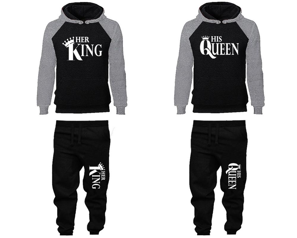 Her King and His Queen matching top and bottom set, Grey Black raglan hoodie and sweatpants sets for mens, raglan hoodie and jogger set womens. Matching couple joggers.