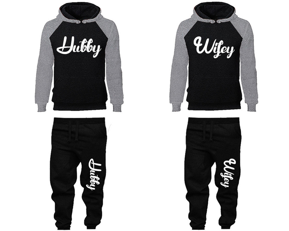 Hubby and Wifey matching top and bottom set, Grey Black raglan hoodie and sweatpants sets for mens, raglan hoodie and jogger set womens. Matching couple joggers.