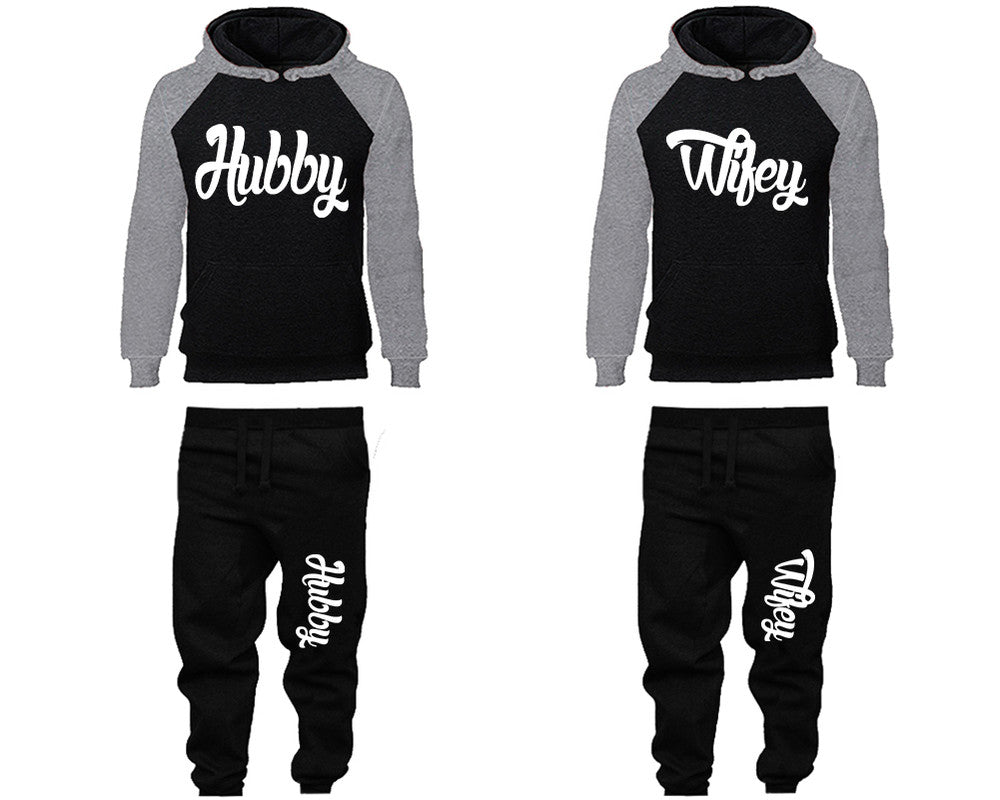 Hubby and Wifey matching top and bottom set, Grey Black raglan hoodie and sweatpants sets for mens, raglan hoodie and jogger set womens. Matching couple joggers.