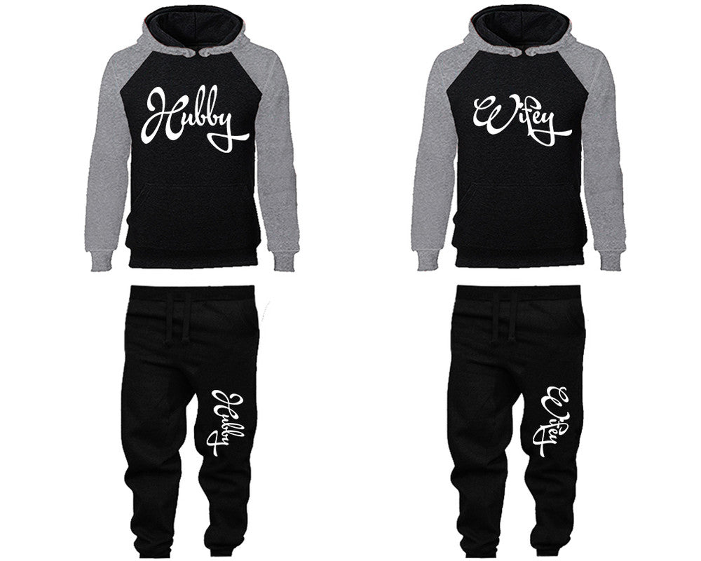 Hubby and Wifey matching top and bottom set, Grey Black raglan hoodie and sweatpants sets for mens, raglan hoodie and jogger set womens. Matching couple joggers.