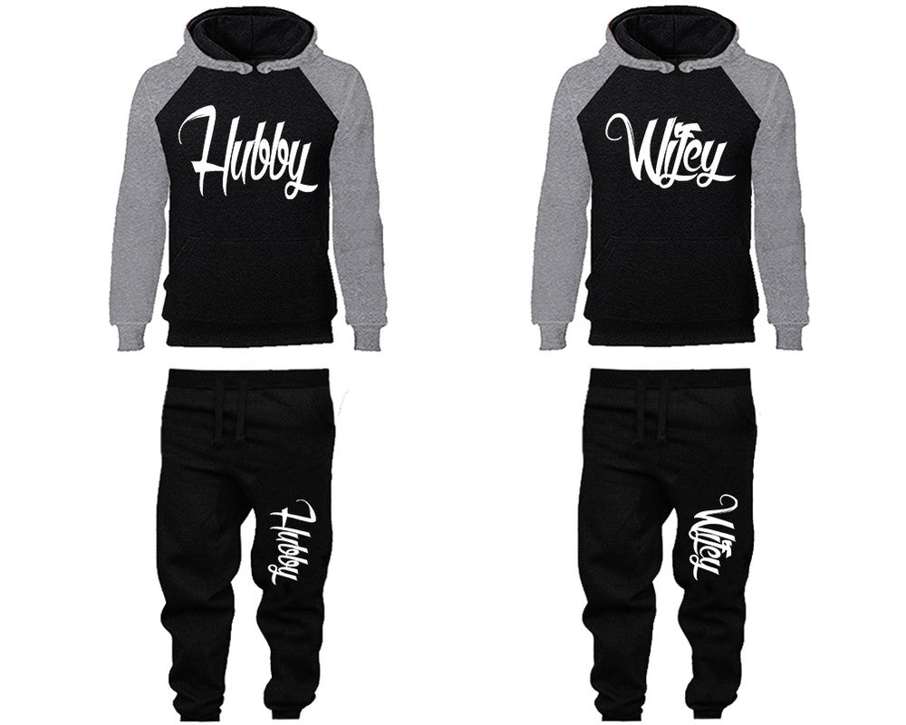 Hubby and Wifey matching top and bottom set, Grey Black raglan hoodie and sweatpants sets for mens, raglan hoodie and jogger set womens. Matching couple joggers.