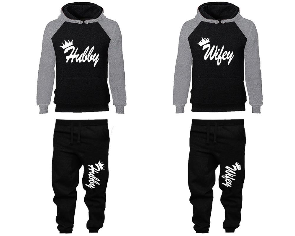 Hubby and Wifey matching top and bottom set, Grey Black raglan hoodie and sweatpants sets for mens, raglan hoodie and jogger set womens. Matching couple joggers.