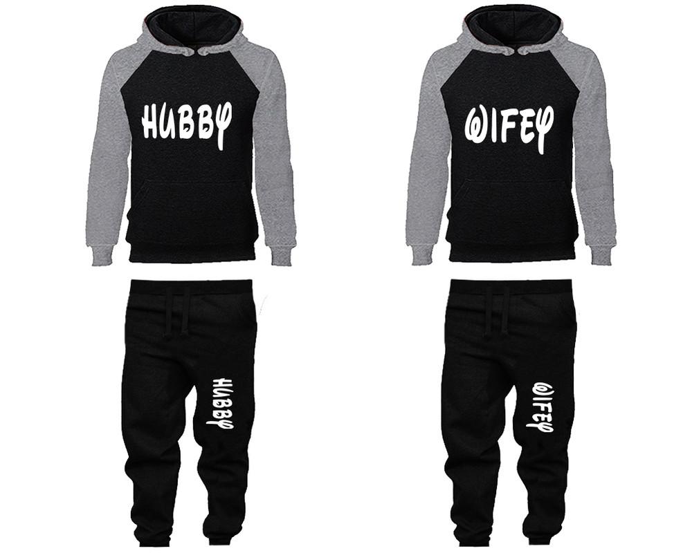 Hubby and Wifey matching top and bottom set, Grey Black raglan hoodie and sweatpants sets for mens, raglan hoodie and jogger set womens. Matching couple joggers.