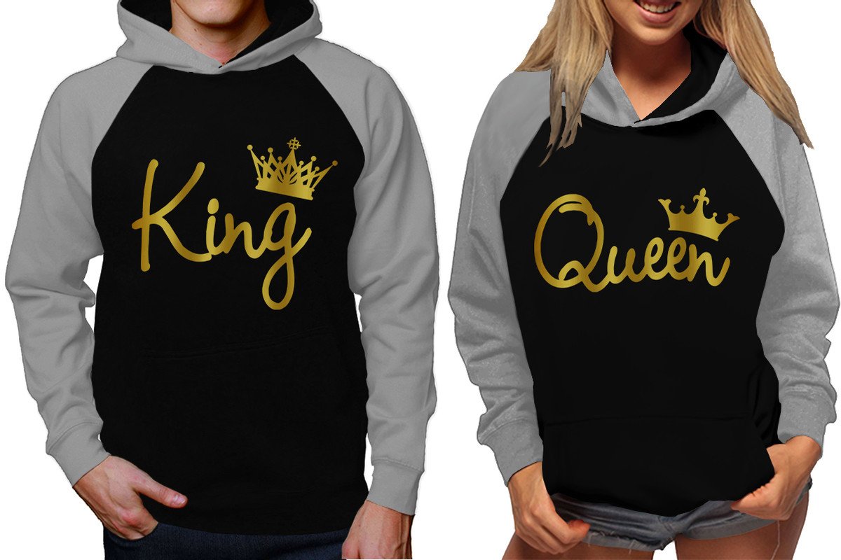 King and Queen raglan hoodies, Matching couple hoodies, Gold Foil King Queen design on man and woman hoodies