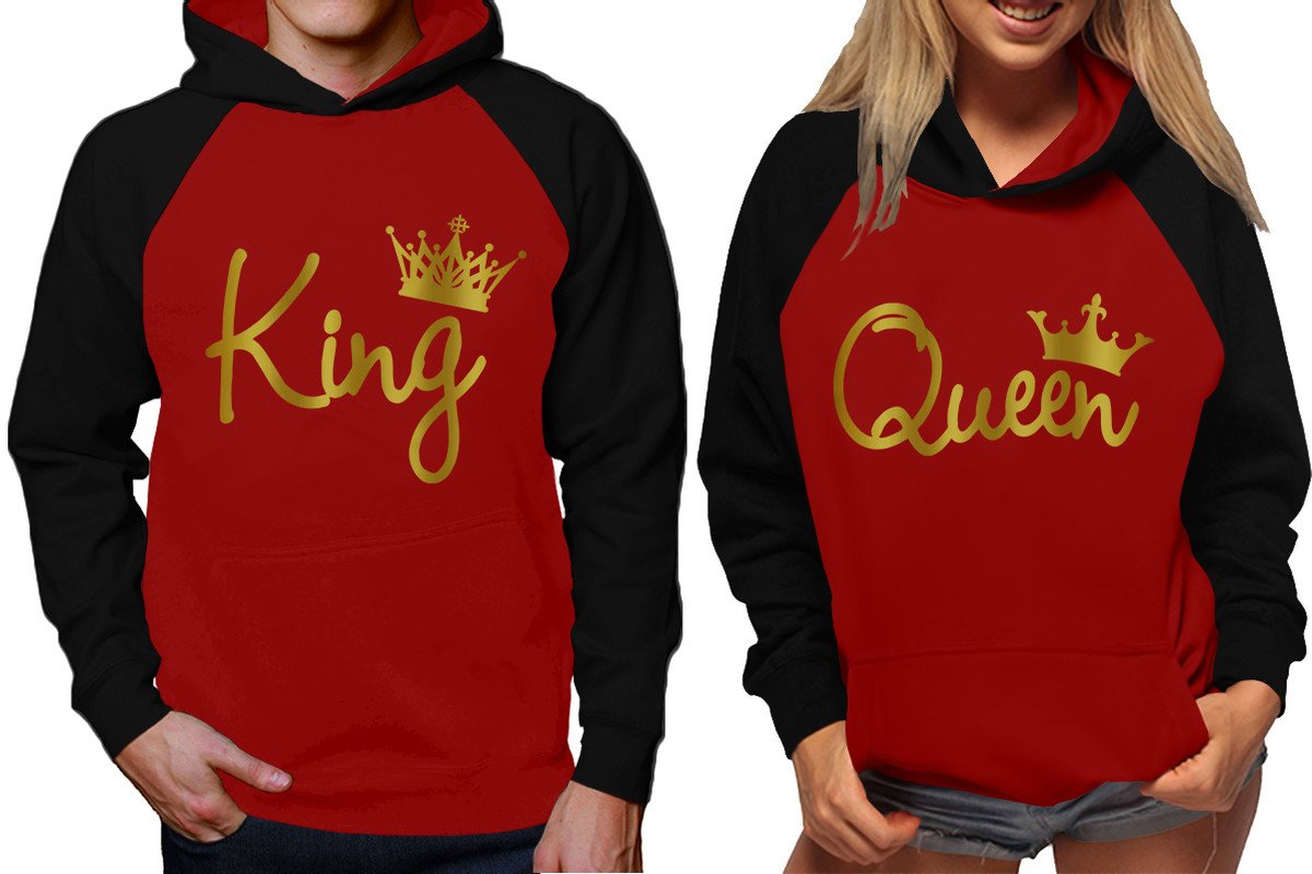 King and Queen raglan hoodies, Matching couple hoodies, Gold Foil King Queen design on man and woman hoodies