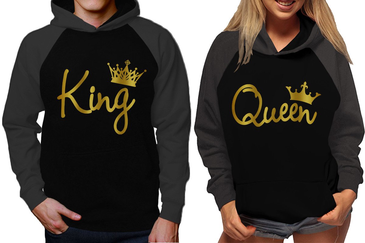 King and Queen raglan hoodies, Matching couple hoodies, Gold Foil King Queen design on man and woman hoodies