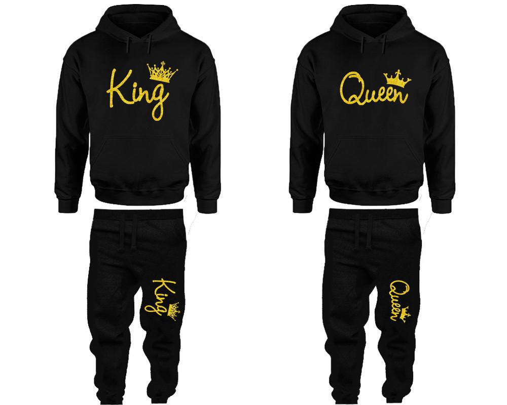 King and Queen matching top and bottom set, Gold Glitter hoodie and sweatpants sets for mens hoodie and jogger set womens. Matching couple joggers.