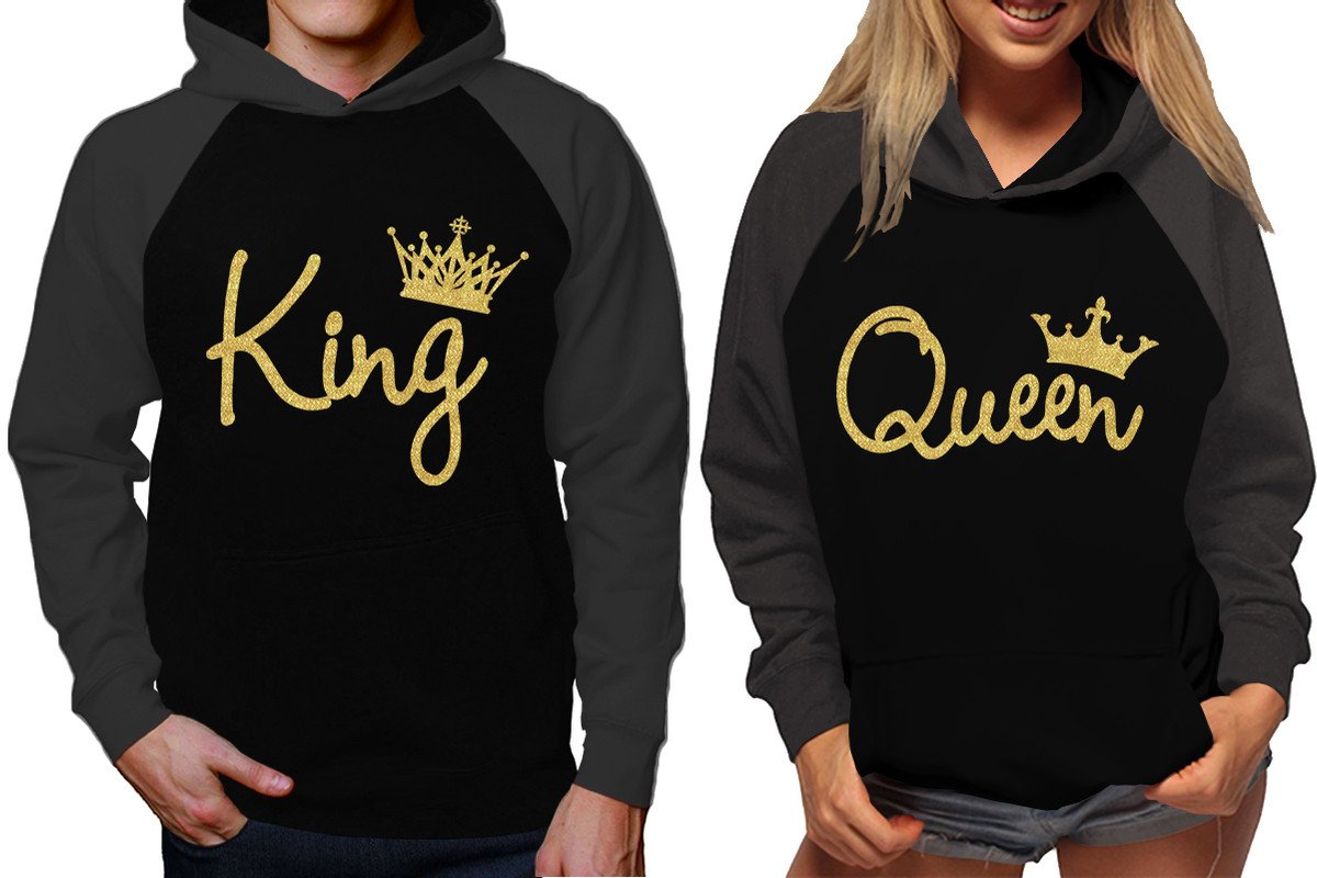 King and Queen raglan hoodies, Matching couple hoodies, Gold Glitter King Queen design on man and woman hoodies