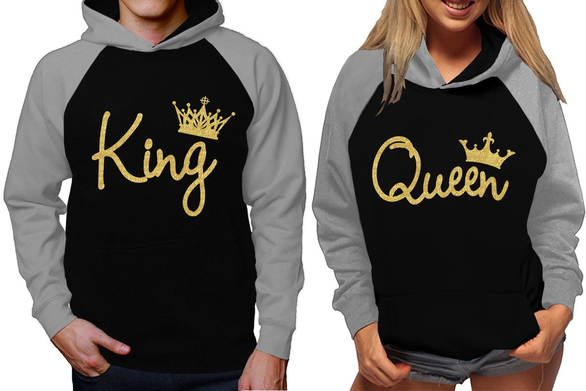 King and Queen raglan hoodies, Matching couple hoodies, Gold Glitter King Queen design on man and woman hoodies