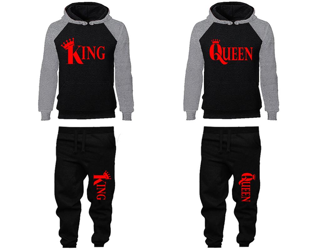 King and Queen matching top and bottom set, Grey Black raglan hoodie and sweatpants sets for mens, raglan hoodie and jogger set womens. Matching couple joggers.