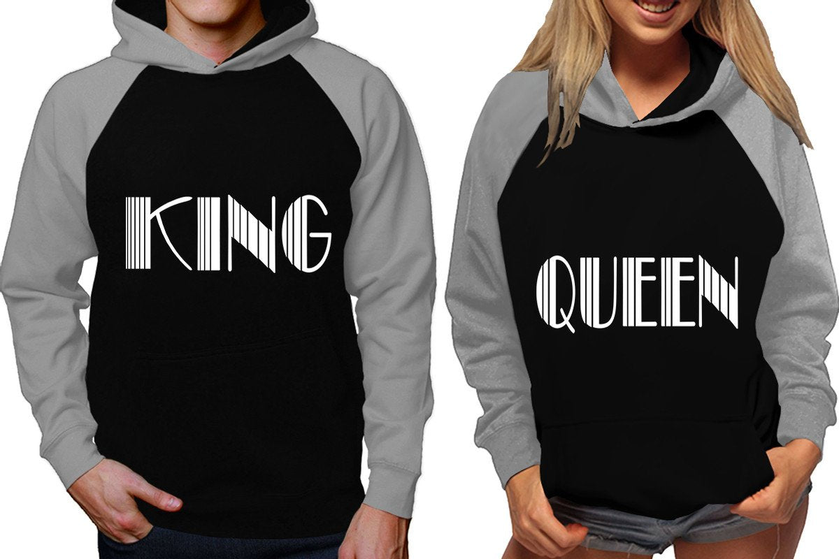 King and Queen raglan hoodies, Matching couple hoodies, Grey Black his and hers man and woman contrast raglan hoodies