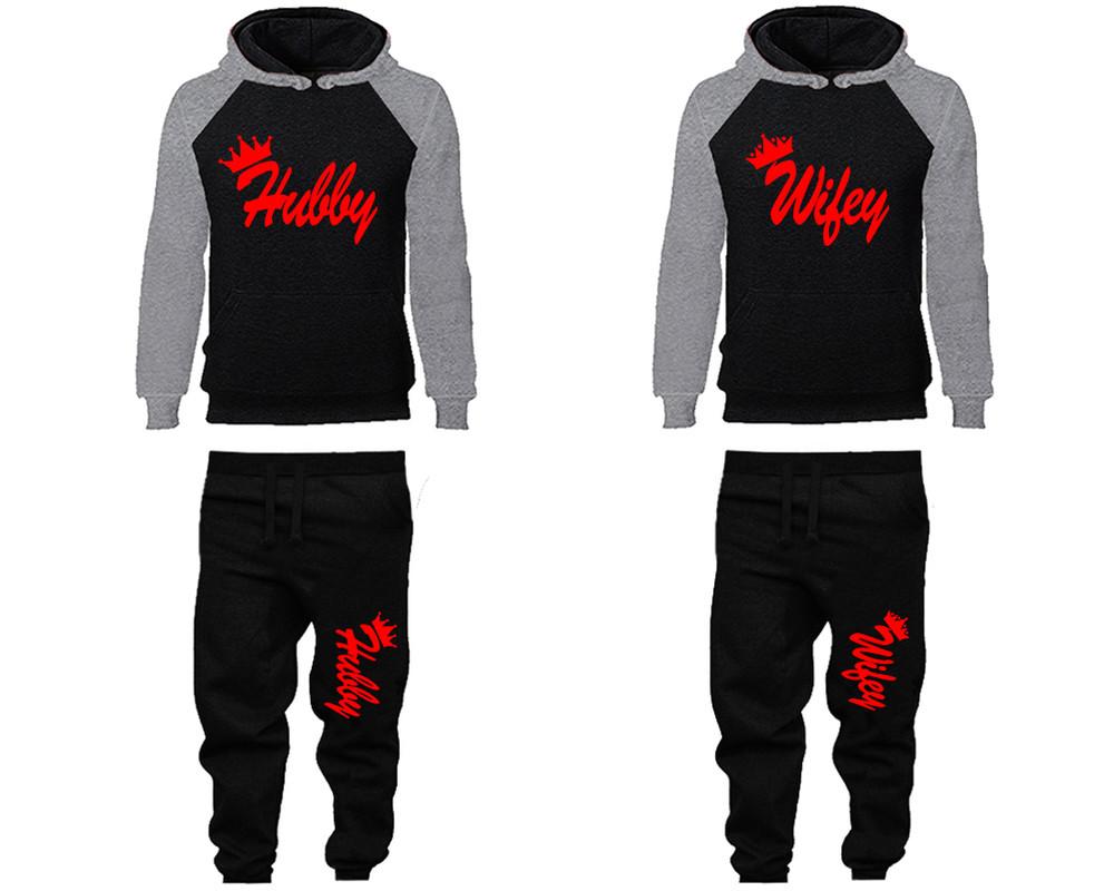 Hubby and Wifey matching top and bottom set, Grey Black raglan hoodie and sweatpants sets for mens, raglan hoodie and jogger set womens. Matching couple joggers.